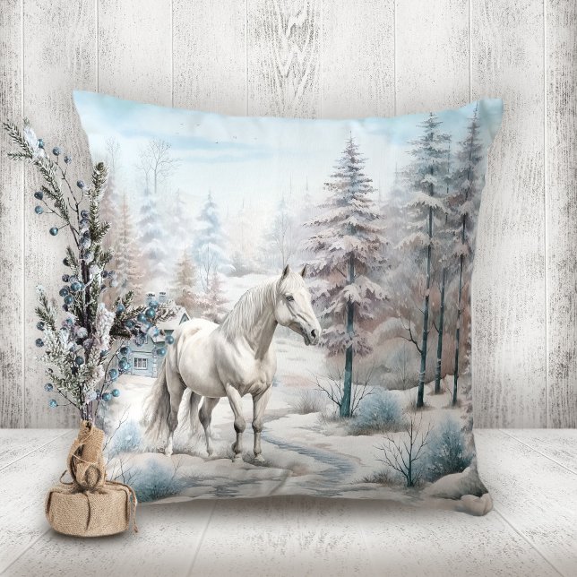 Coussin Forêt de neige Scène hivernale hivernale hivernale (Snowy forest Horse winter scene Christmas Throw Pillow)