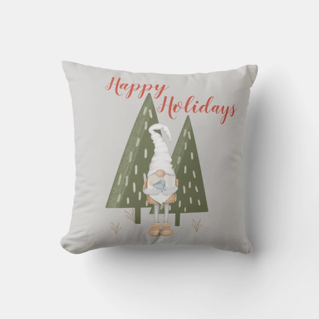 Coussin Forêt de Noël Gnome Joyeuses Fêtes Gris (Recto)
