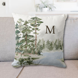 Coussin Forêt de pin vert monogramme et lac