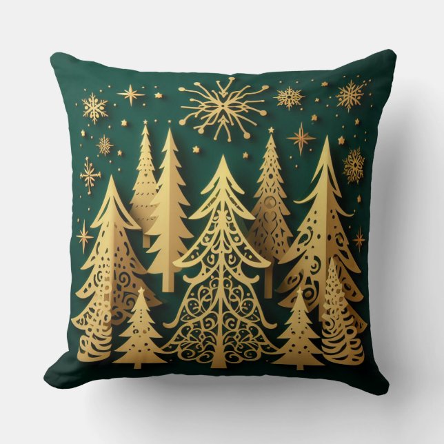 Coussin Forêt de vacances dorées – Motif d'arbre de Noël (Recto)