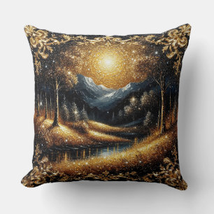 Coussin Forêt dorée magique avec montagnes ensoleillées