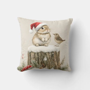 Coussin Forêt enneigée Bois hivernal Noël Lapin Oiseau