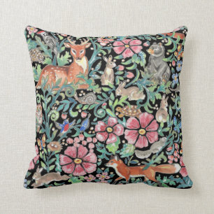 Coussin Forêt forestière colorée Animaux Nature sur Noir