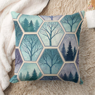 Coussin Forêt géométrique d'hiver – Arbres en hexagone