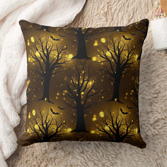 Coussin Forêt Hantée Lumineuse Bokeh - Arbres de Nuit (Couverture)