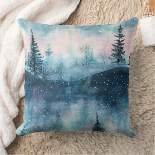 Coussin Forêt nocturne d'aurore boréale sombre