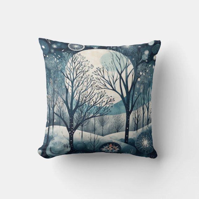 Coussin Forêt Nordique au Clair de Lune, Nuit d'Hiver (Recto)