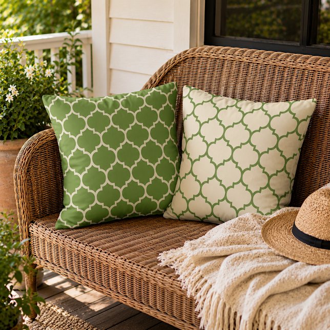 Coussin Forêt réversible fougère verte ivoire boho treilli (Créateur téléchargé)