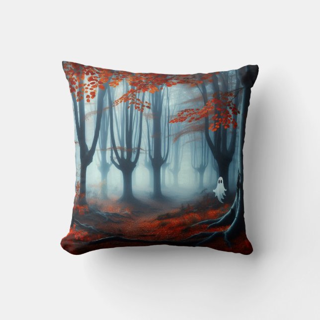 Coussin Forêts éffrayantes d'automne avec un fantôme (Recto)