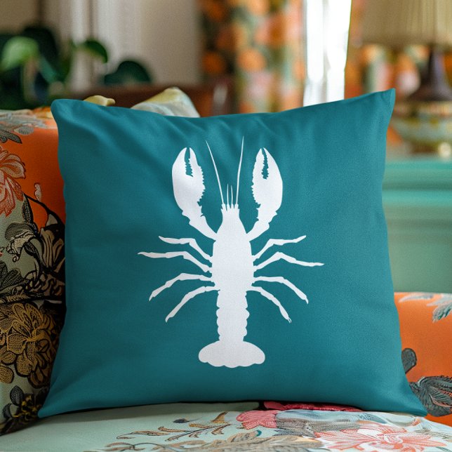 Coussin Forme de homard bleu sarcelle et blanc (Teal Blue and White Lobster Shape Throw Pillow)