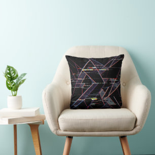 Coussin Formes géométriques glitchcore néon sur fond noir