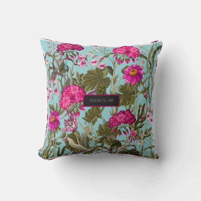 Coussin Foulard design avec géraniums et fleurs sauvages.  (Recto)