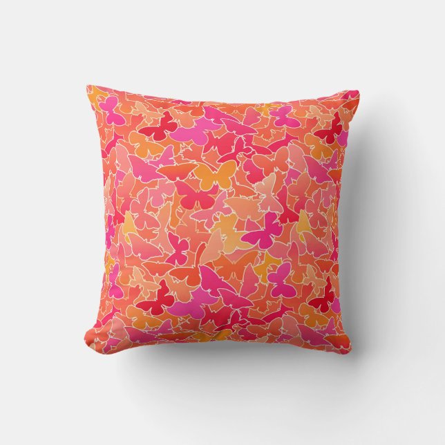 Coussin Foule de papillons, Fuchsia rose et corail orange (Recto)