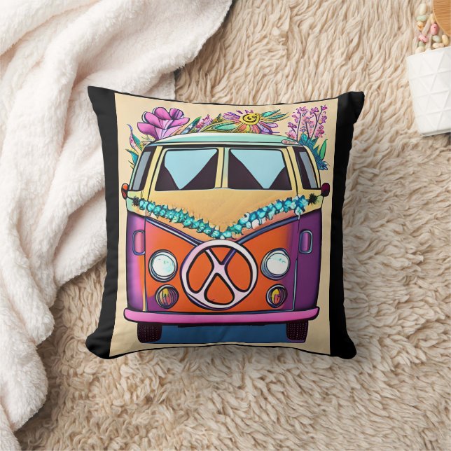 Coussin Fourgonnette Hippie Rétro Violet Art Couleurs Vint (Couverture)