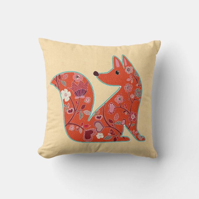 Coussin Fox de motif de fleur d'art populaire (Recto)