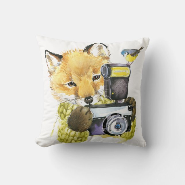 Coussin Fox mignon d'aquarelle prenant des photos (Recto)