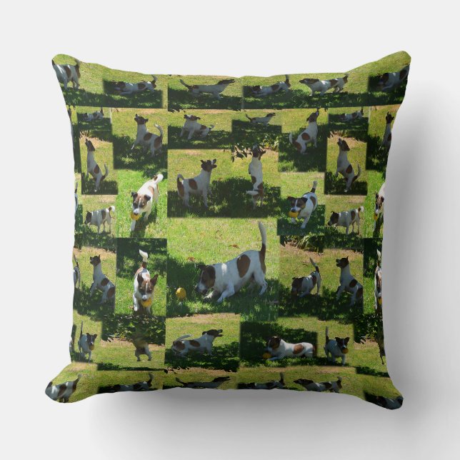 Coussin Fox Terrier Jouer, Photo Collarge Grand Coussin. (Recto)