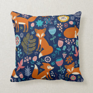 Coussin Foxes mignons et Motif de fleurs colorées