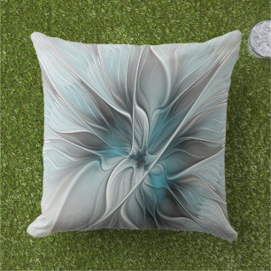 Coussin Fractal Floral Moderne Abstrait Fleur Bleu Gris