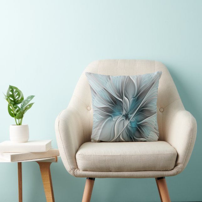 Coussin Fractal Floral Moderne Abstrait Fleur Bleu Gris (Chaise)
