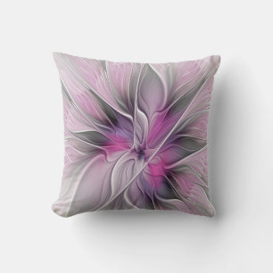 Coussin Fractal Floral Moderne Abstrait Fleur Rose Gris