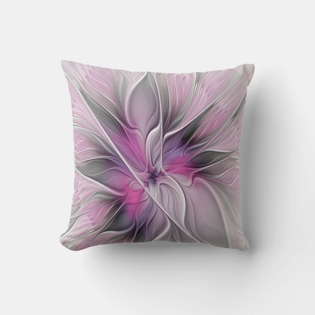 Coussin Fractal Floral Moderne Abstrait Fleur Rose Gris (Recto)