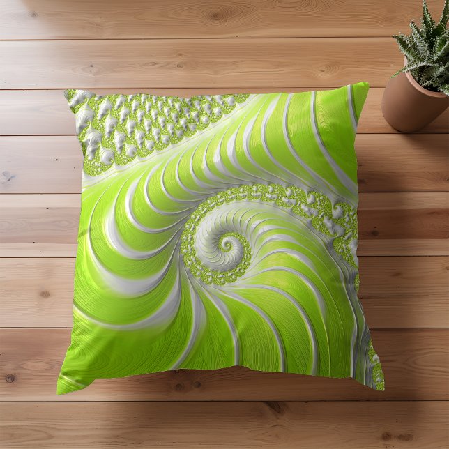 Coussin Fractale en spirale verte citron moderne abstraite (Créateur téléchargé)