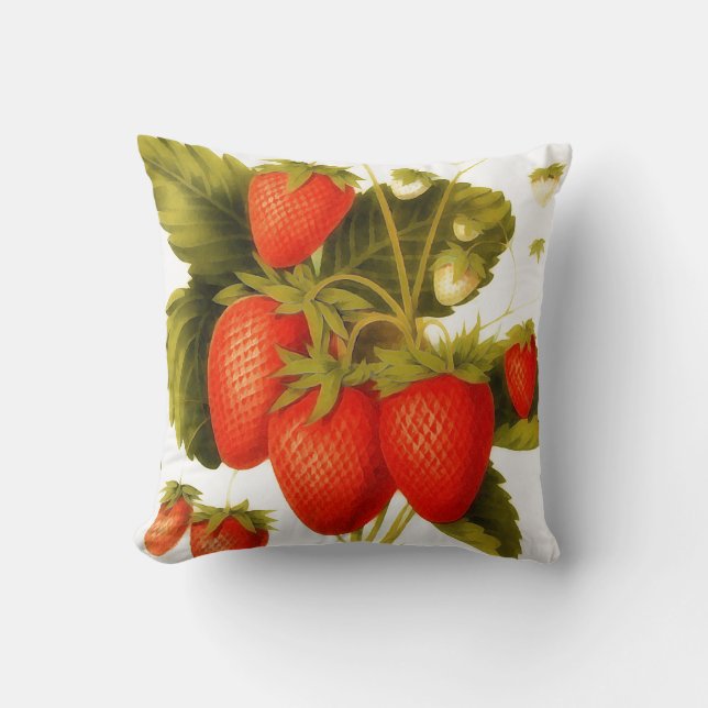 Coussin Fraises anciennes avec feuilles vertes (Recto)