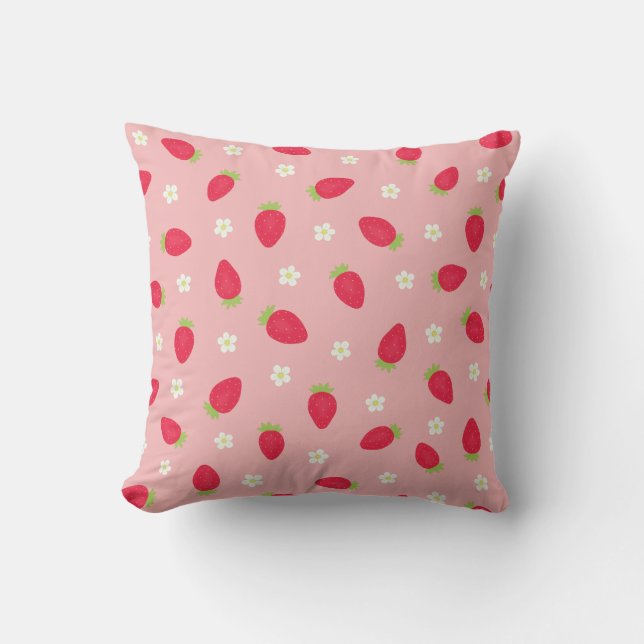 Coussin Fraises d'été (grande échelle) Rose (Recto)