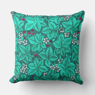 Coussin Fraises et Feuilles Art Nouveau, Turquoise