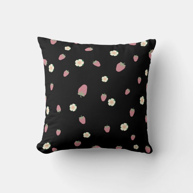 Coussin Fraises et fleurs Motif noir (Recto)