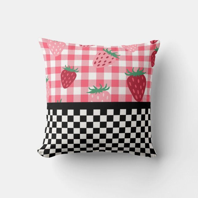 Coussin Fraises Fantaisistes et Damier (Recto)