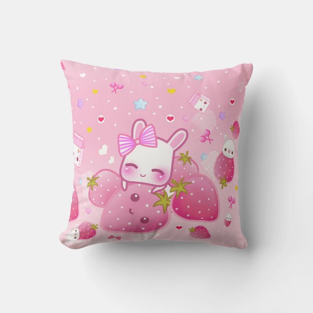 Coussin Fraises mignonnes de lapin et de kawaii (Recto)