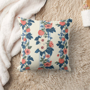 Coussin Fraises vintages et Feuilles bleus motif floral