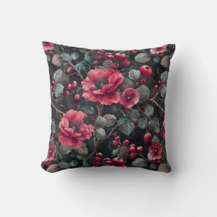 Coussin Framboise, fleurs bordeaux sur gris foncé