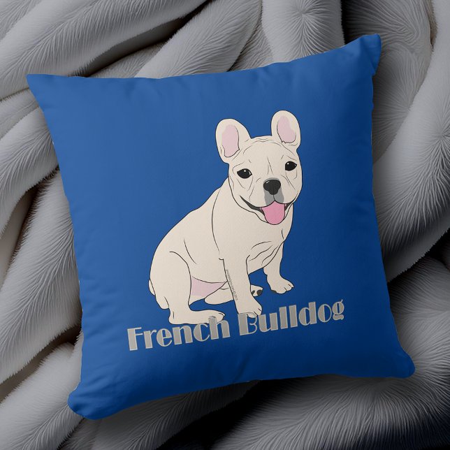 Coussin Français Amateurs de Bulldog Bleu (French Bulldog Lovers Blue Throw Pillow. Frenchie design on both front and back.)
