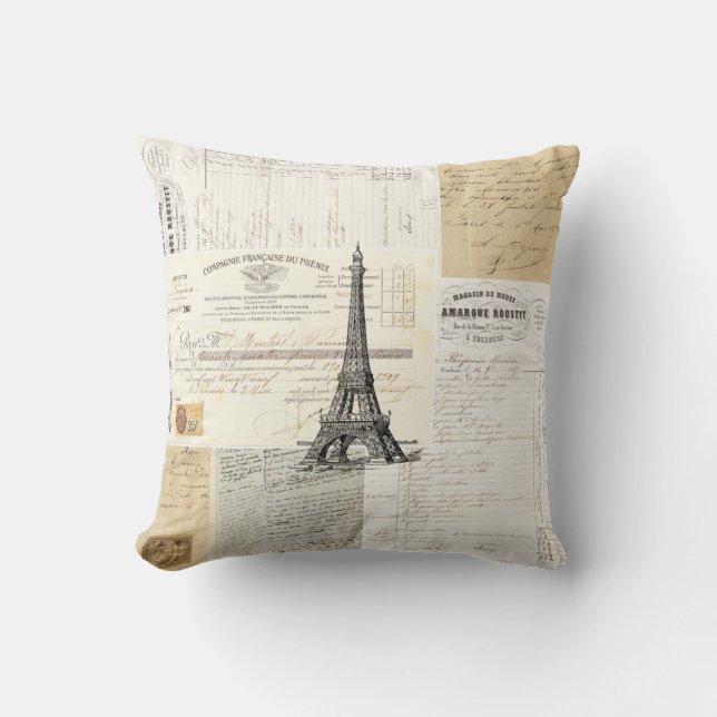 Coussin français vintage d'éphémères de Paris (Recto)