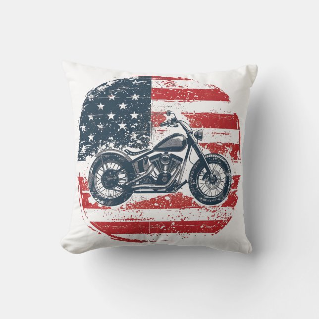 Coussin Freedom Ride : Moto rétro et drapeau américain (Recto)