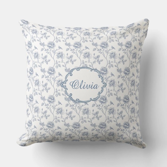 Coussin French Blue Toile Chinoiserie Floral Girls Name (Recto)