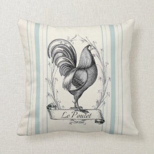 Coussin French Farmhouse Rooster bleu sac à grains rayés
