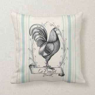 Coussin French Farmhouse Rooster bleu sac à grains rayés