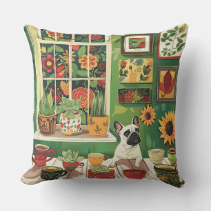 Coussin Frenchie dans le salon de thé Boho Garden