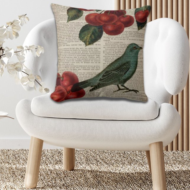 Coussin frentry bird retro botanical red cherry (french country bird retro botanical red cherry throw pillow)