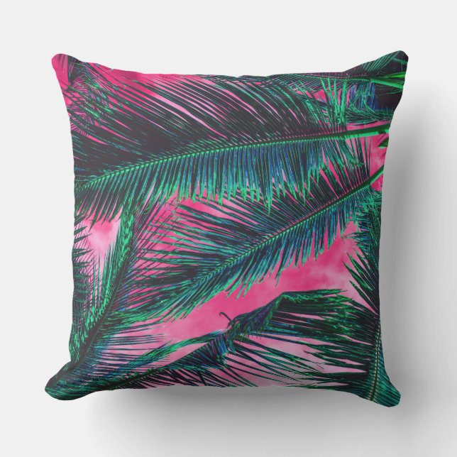 Coussin Frondes tropicales turquoises roses de palmier (Recto)