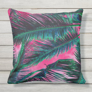 Coussin Frondes tropicales turquoises roses de palmier