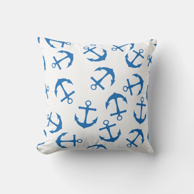 Coussin Front Ancre blanc et bleu avec un dos bleu solide (Recto)