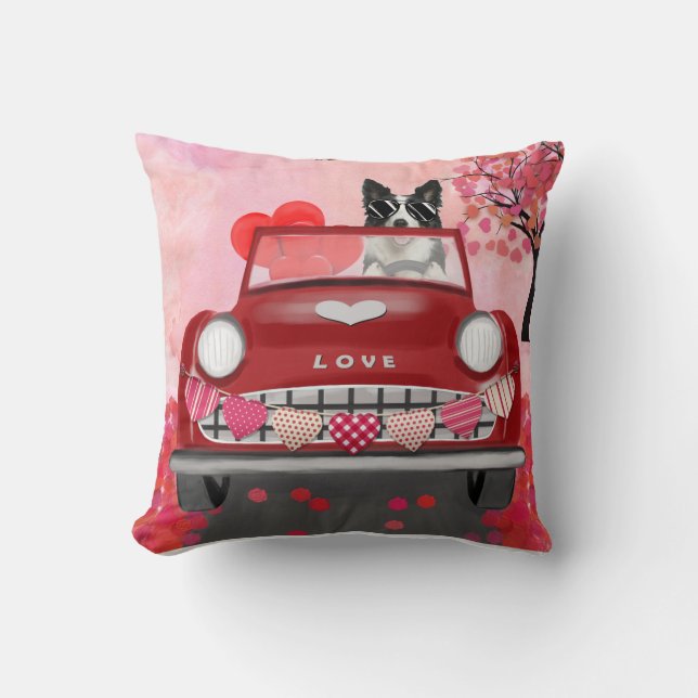 Coussin Frontière Collie voiture avec les coeurs Valentine (Recto)