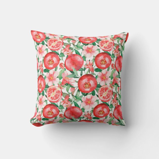 Coussin Fruit rouge à la grenade rose et petites fleurs (Recto)