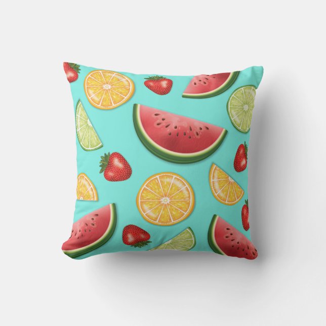 Coussin Fruits Colorés Fraise Pastèque Agrumes Bleu (Recto)