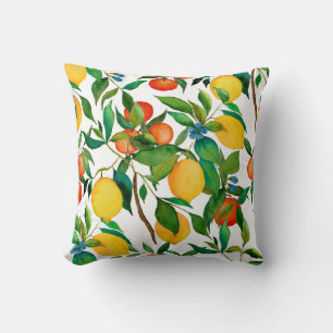 Coussin Fruits d'agrumes, motif d'aquarelle vibrante.